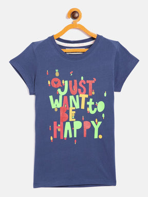 Girls Navy Just Want To Be Happy T-Shirt-Girls T-Shirts-SASSAFRAS