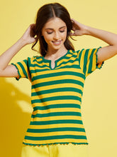 Girls Green & Yellow Stripes Rib V-Neck Top-Girls Tops-SASSAFRAS