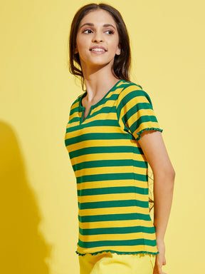 Girls Green & Yellow Stripes Rib V-Neck Top