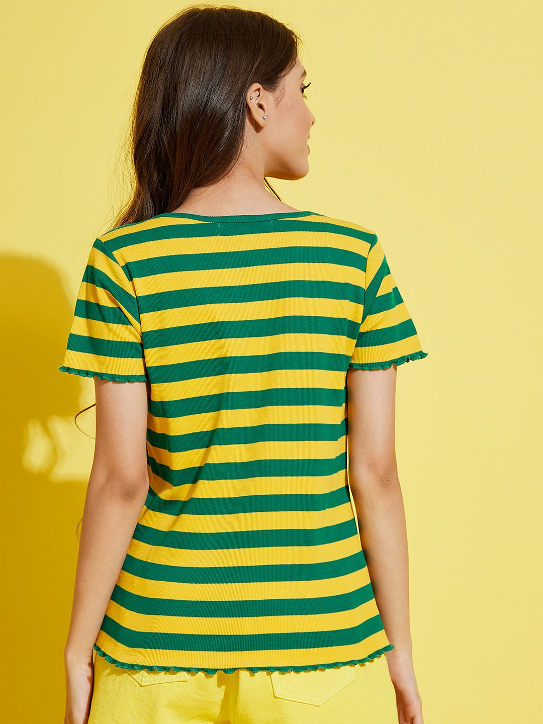 Girls Green & Yellow Stripes Rib V-Neck Top