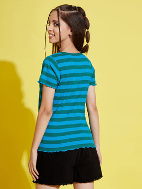 Girls Blue & Green Stripes Front Button Rib Top