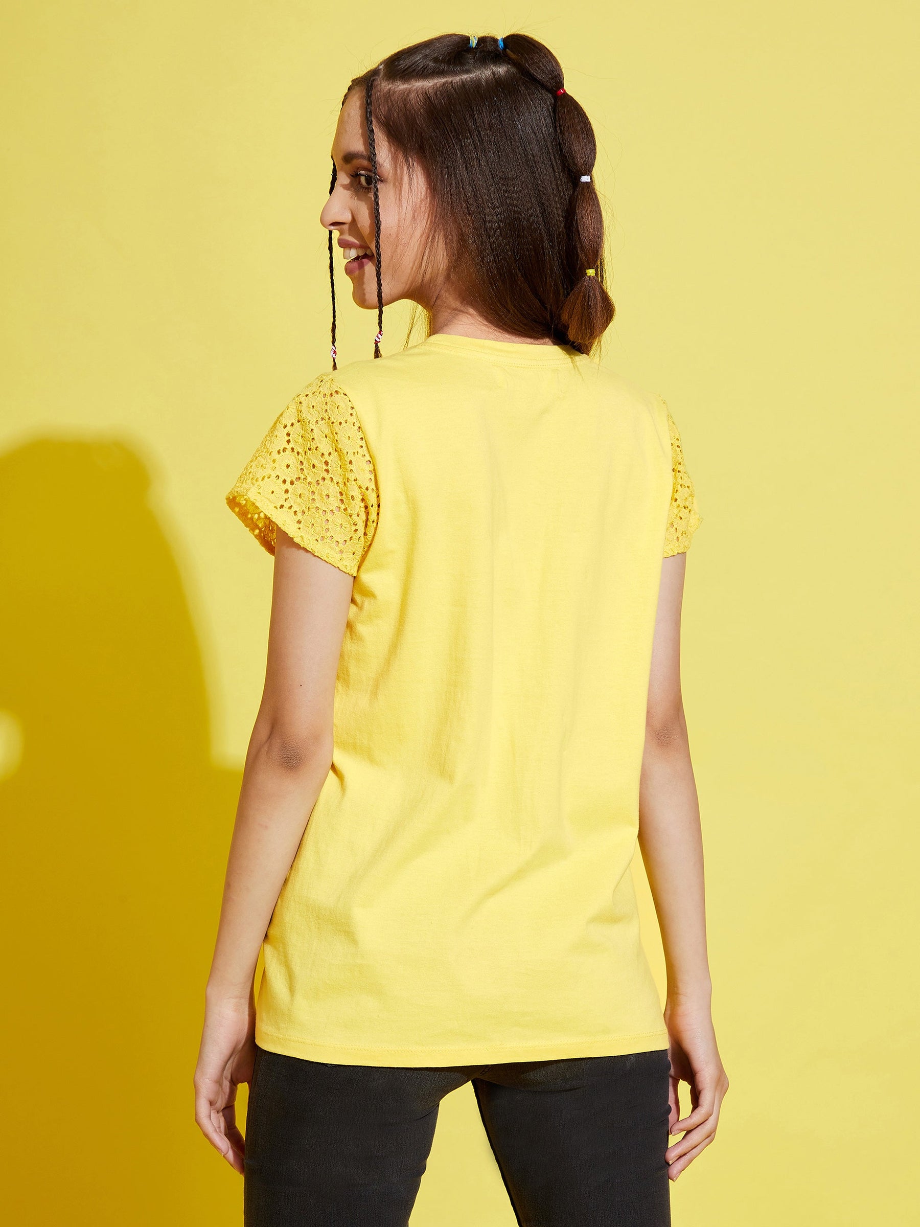 Girls Yellow Schiffli Detail T-Shirt