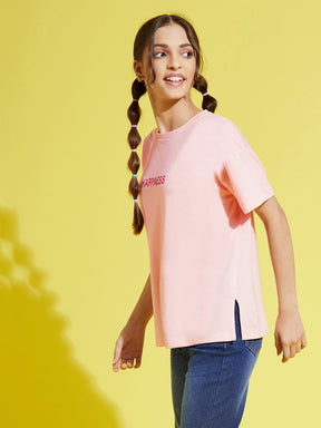 Girls Pale Pink HAPPINESS Drop Shoulder T-Shirt