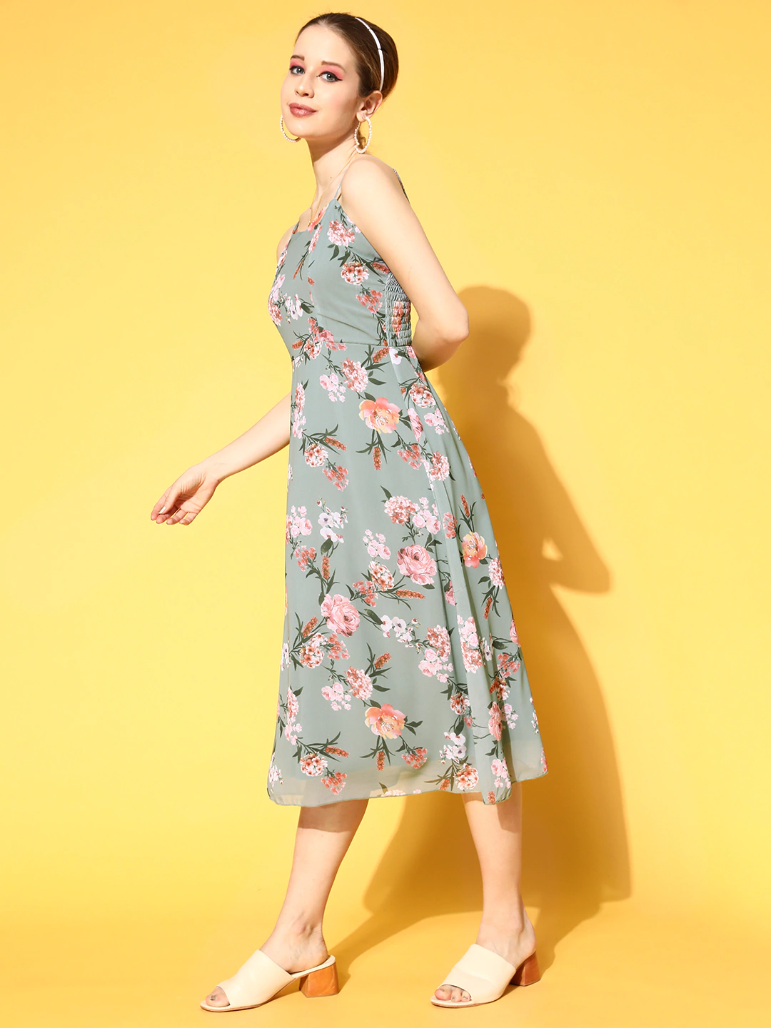 Women Olive Floral Strappy Midi Dress