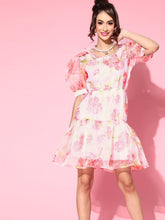 Women White Floral Puff Sleeve Tiered Dress-Dress-SASSAFRAS