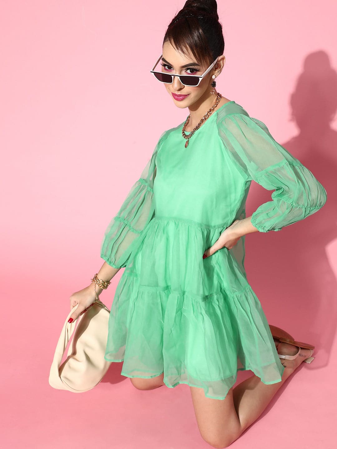 Women Green Organza Drop Shoulder Tiered Dress-Dress-SASSAFRAS