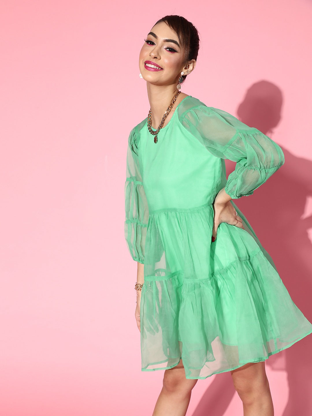Women Green Organza Drop Shoulder Tiered Dress