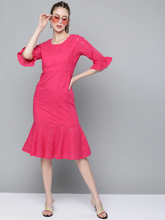 Fuchsia Schiffli Frill Hem Midi Dress-Dress-SASSAFRAS