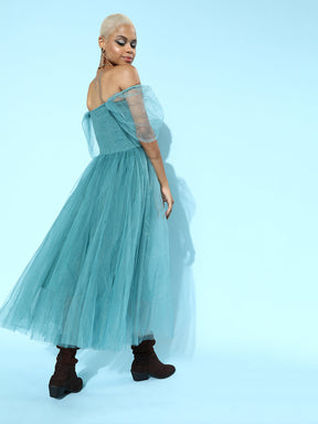 Teal Blue Tulle Bardot Midi Dress