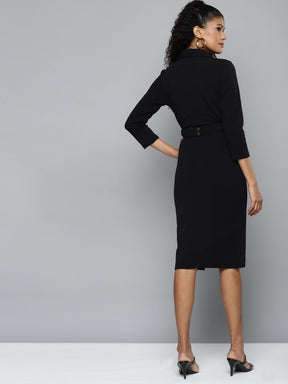 Black Notch Collar Belted Dress