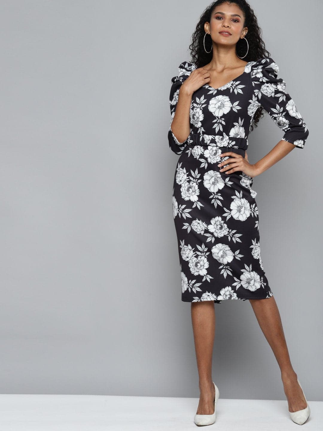 Black Floral Scuba Power Shoulder Midi Dress-Dress-SASSAFRAS