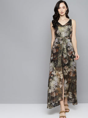 Green Floral Chiffon V-Neck Belted Maxi-Dress-SASSAFRAS