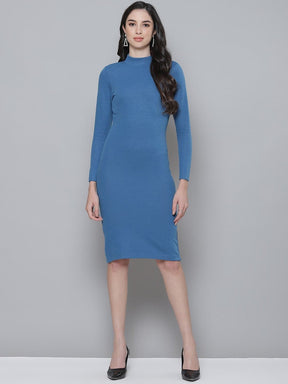 Blue Rib Turtle Neck Zipped Bodycon Dress-Dress-SASSAFRAS