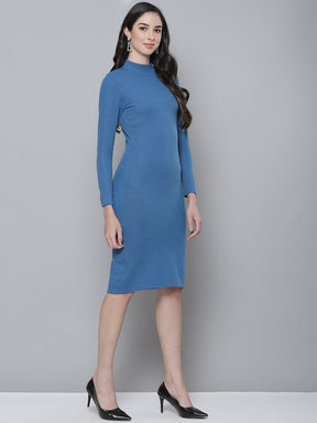 Blue Rib Turtle Neck Zipped Bodycon Dress