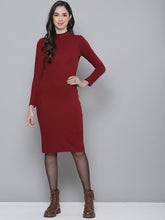 Maroon Rib Turtle Neck Zipped Bodycon Dress-Dress-SASSAFRAS