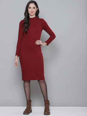 Buy Maroon Rib Turtle Neck Zipped Bodycon Dress Online At Best