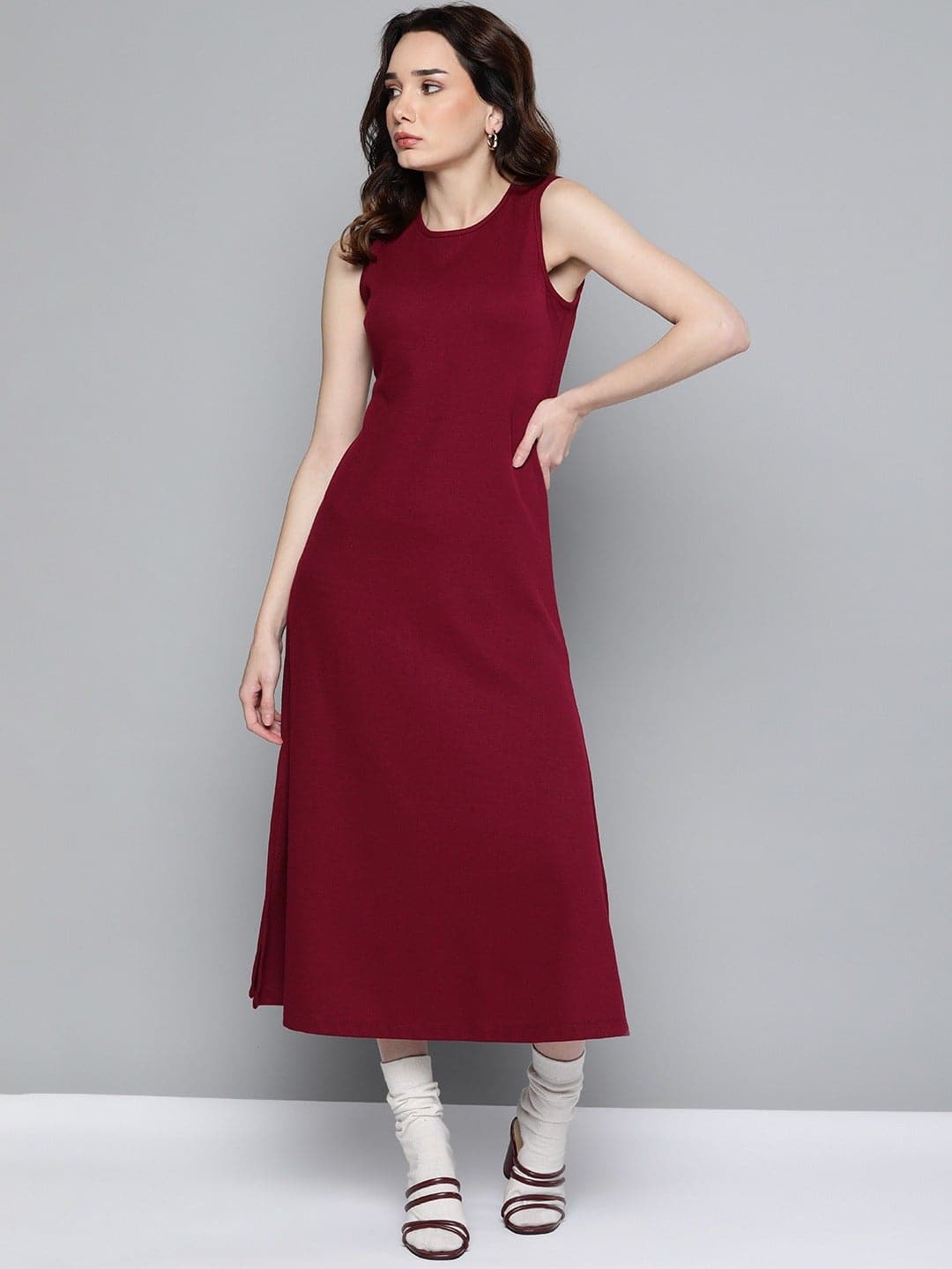 Womens Maroon Rib A-Line Maxi Dress-Dress-SASSAFRAS