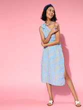 Women Blue Gingham Check One Bow Shoulder Dress-Dress-SASSAFRAS