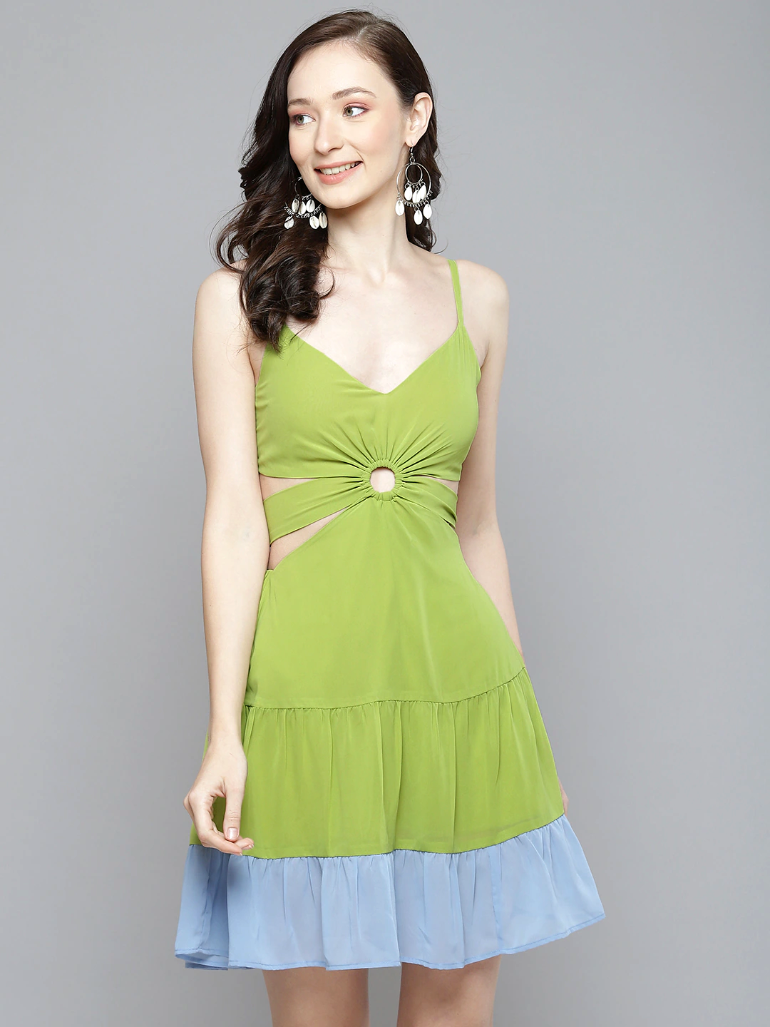 Women Blue & Lime Green Side Cut-Out Short Dress-Dress-SASSAFRAS