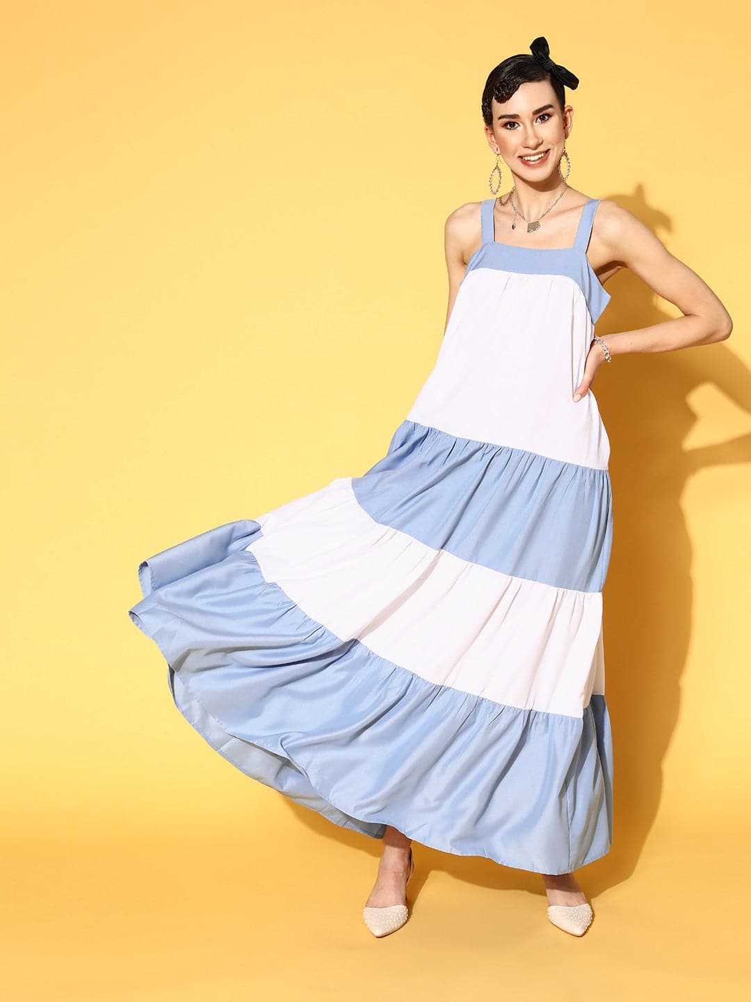 Women Blue & White ColourBlock Tiered Maxi Dress-Dress-SASSAFRAS