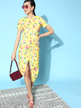 Women Yellow Floral Side Ruched Dress-Dress-SASSAFRAS