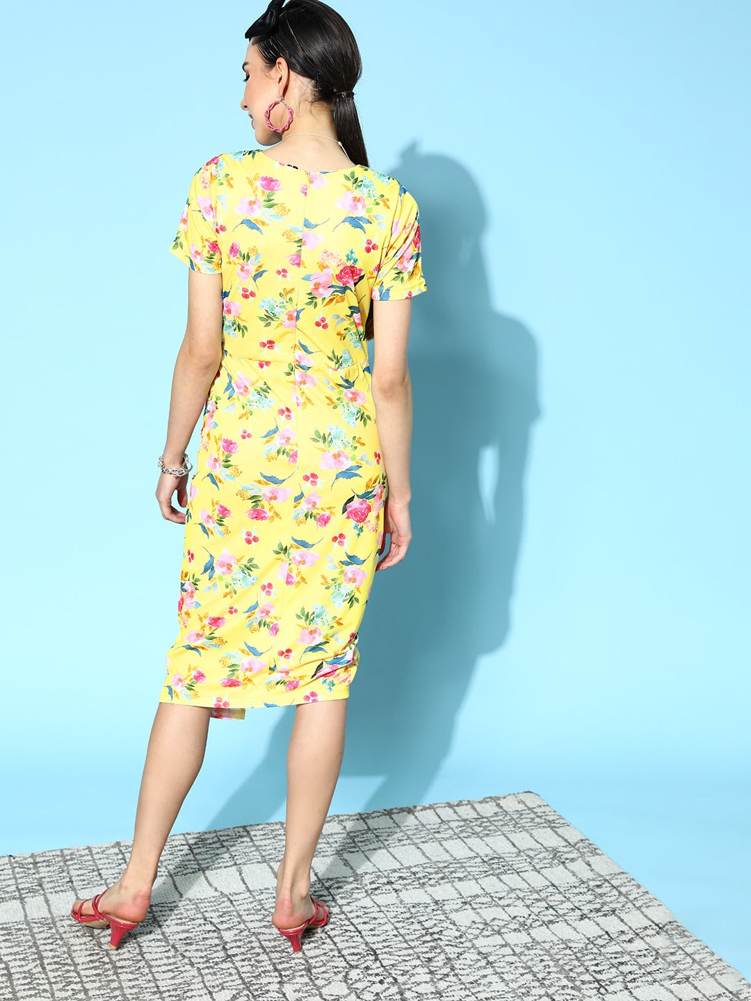 Women Yellow Floral Side Ruched Dress
