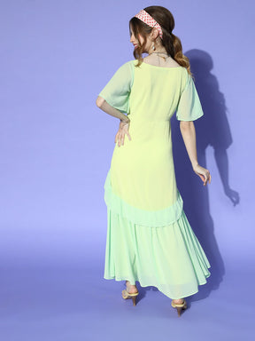 Women Sea Green Contrast Frill Detail Maxi Dress