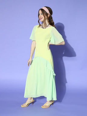 Women Sea Green Contrast Frill Detail Maxi Dress