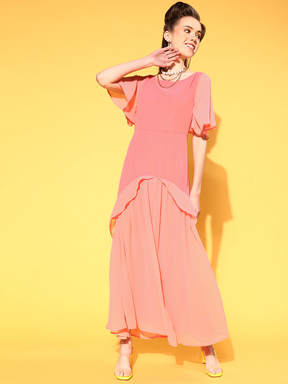Women Dark Peach Contrast Frill Detail Maxi Dress-Dress-SASSAFRAS