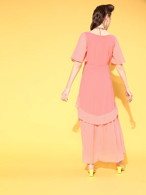 Women Dark Peach Contrast Frill Detail Maxi Dress