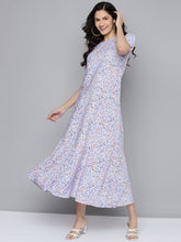 Women Blue Ditsy Floral Puff Sleeve Tiered Maxi Dress-Dress-SASSAFRAS