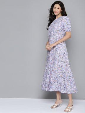 Women Blue Ditsy Floral Puff Sleeve Tiered Maxi Dress