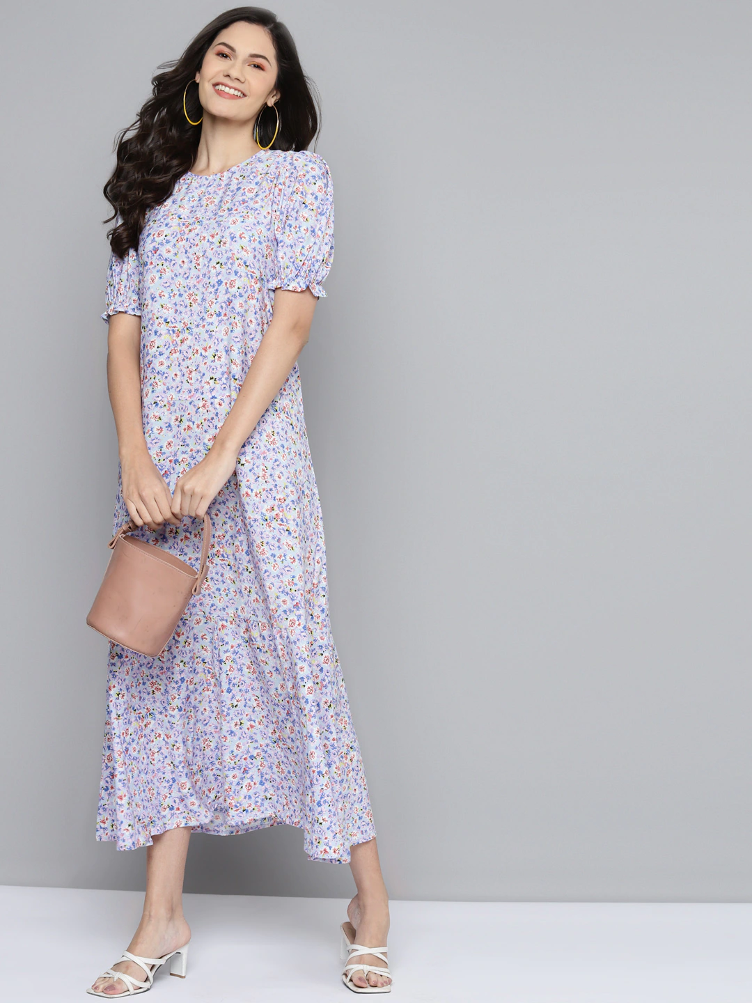 Women Blue Ditsy Floral Puff Sleeve Tiered Maxi Dress