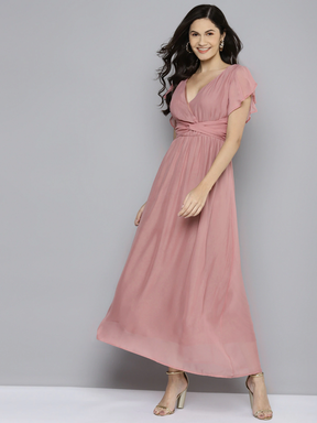 Women Onion Pink Wrap Belted Maxi Dress-Dress-SASSAFRAS