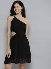 Women Black Lace One Shoulder Side Cut-Out Dress-Dress-SASSAFRAS