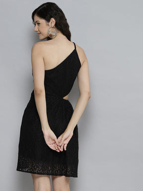 Women Black Lace One Shoulder Side Cut-Out Dress