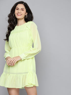 Women Lime Green Frill Hem Short Dress-Dress-SASSAFRAS