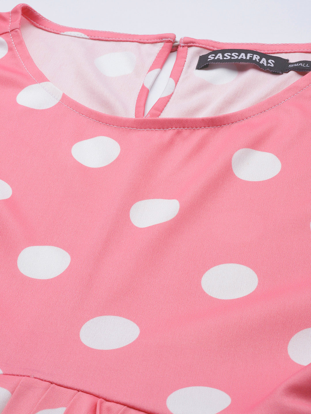 Women Pink and White Polka Dot Round Neck Pleated Dress