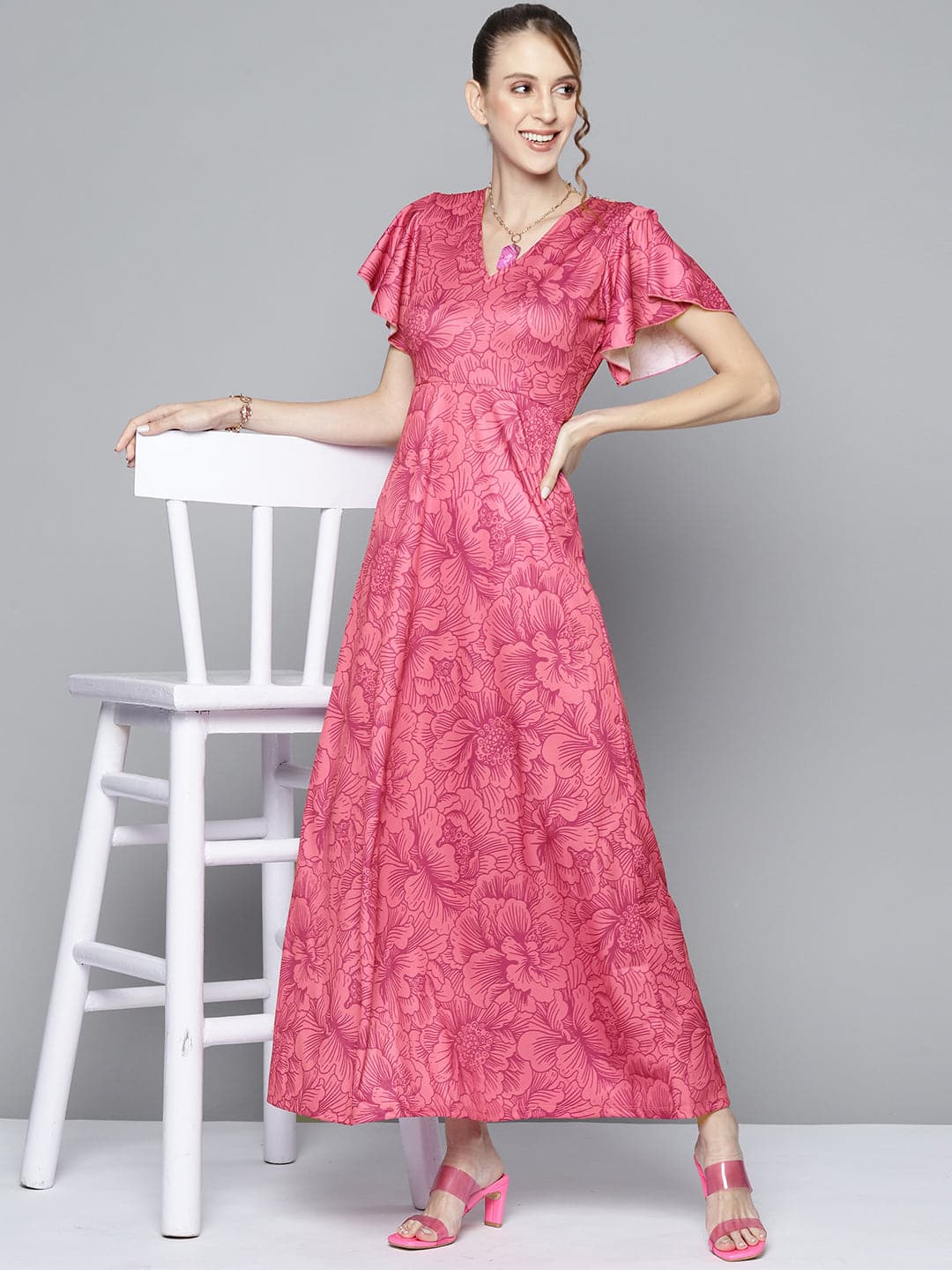 Women Pink Floral Back Cut Out Maxi Dress-Dress-SASSAFRAS