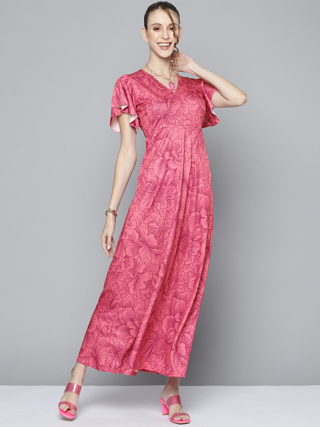 Women Pink Floral Back Cut Out Maxi Dress