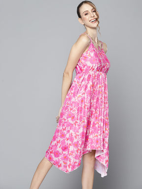 Women Pink Floral Strappy Asymmetric Hem Dress
