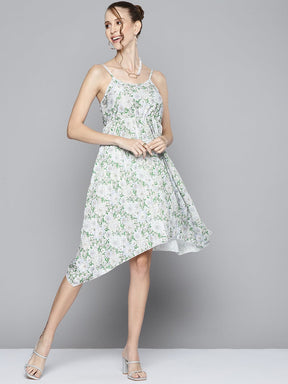 Women Green Floral Strappy Asymmetric Hem Dress-Dress-SASSAFRAS