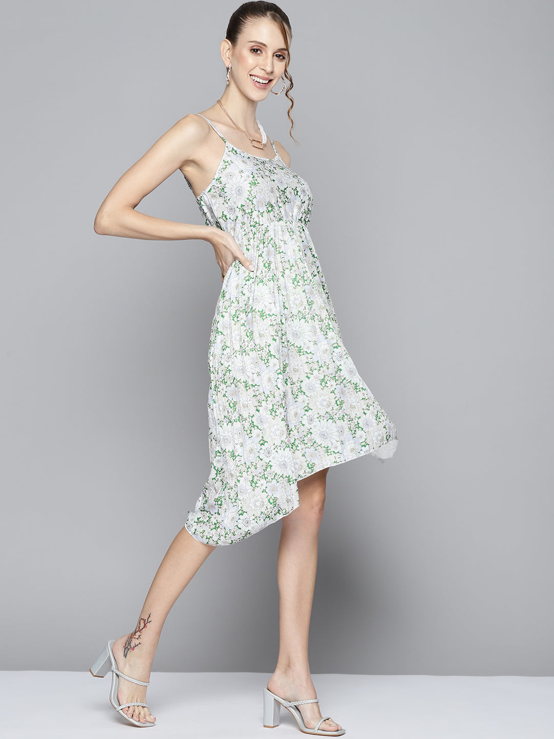 Women Green Floral Strappy Asymmetric Hem Dress