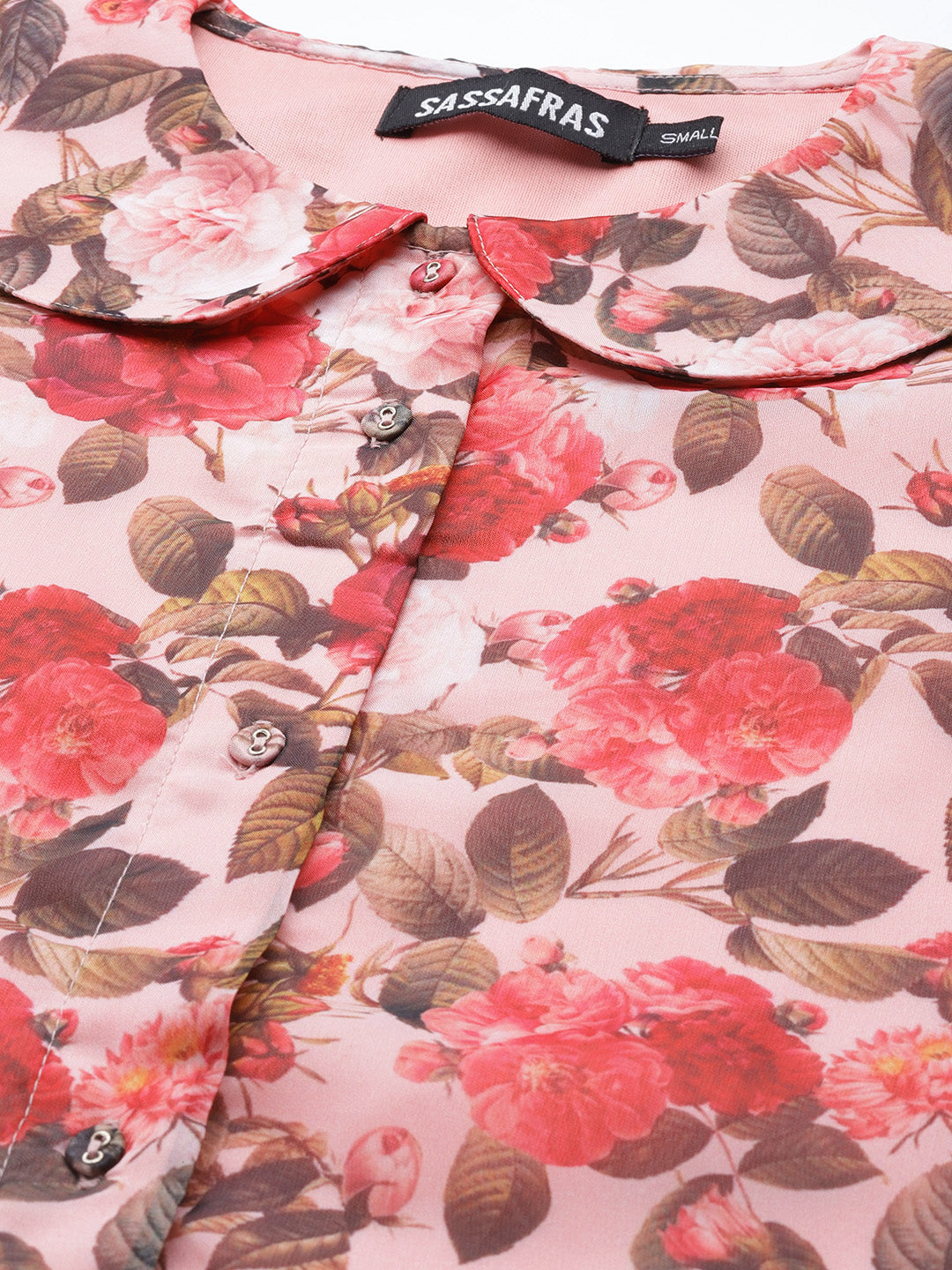 Women Pink Floral Organza Collar Neck Shirt Dress