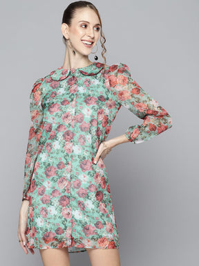 Women Sea Green Organza Floral Collar Neck Shirt Dress-Dress-SASSAFRAS