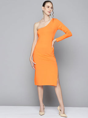 Women Orange One Shoulder Bodycon Dress-Dress-SASSAFRAS