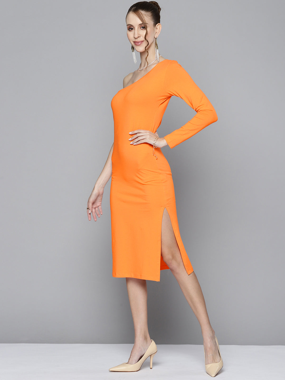 Women Orange One Shoulder Bodycon Dress