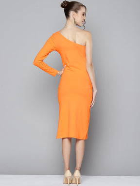 Women Orange One Shoulder Bodycon Dress