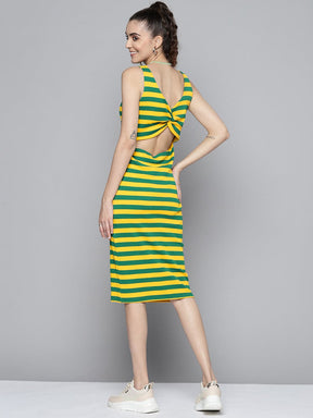 Women Green & Yellow Rib Back Cut Out Bodycon Dress-Dress-SASSAFRAS