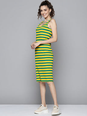 Women Green & Yellow Rib Back Cut Out Bodycon Dress